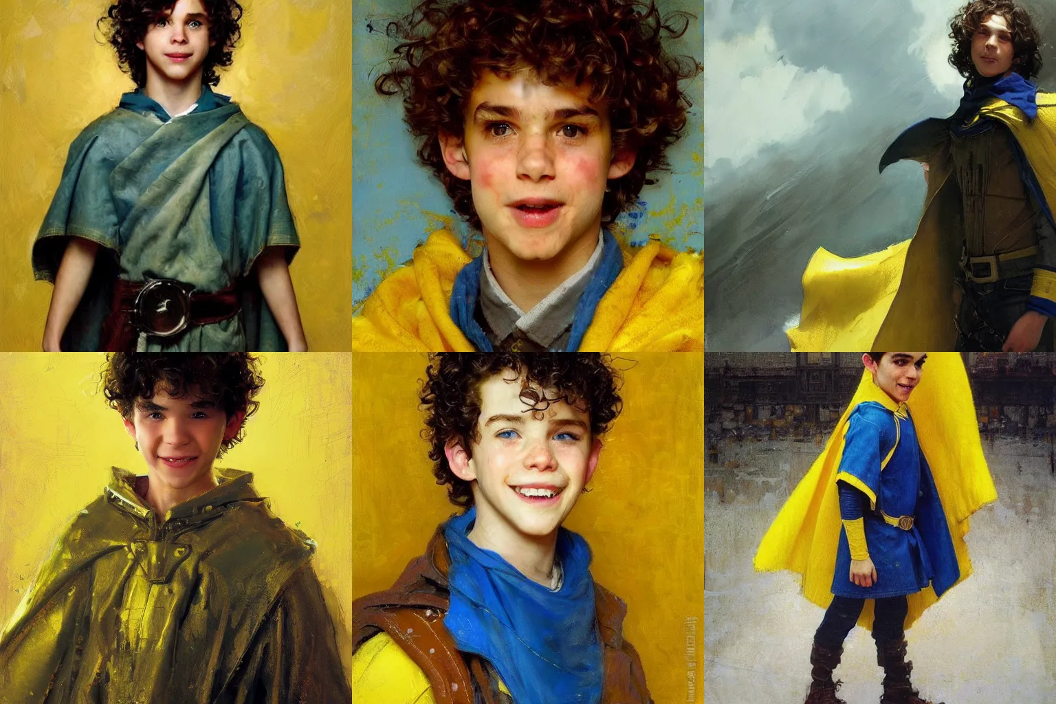 Prompt: a teenage boy with blue eyes and curly brown hair smiling arrogantly. Wearing a yellow cape and dressed like a demigod By Ruan Jia, Norman Rockwell and Geoffroy Thoorens, Trending on ArtStation. Masterpiece. Rule of thirds.