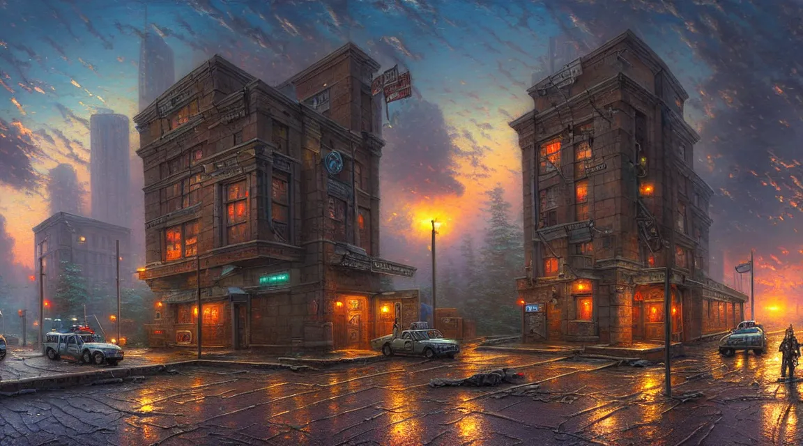 Prompt: post - apocalyptic police station, building, apocalyptic architecture, paved roads, by thomas kinkade, highly detailed photography