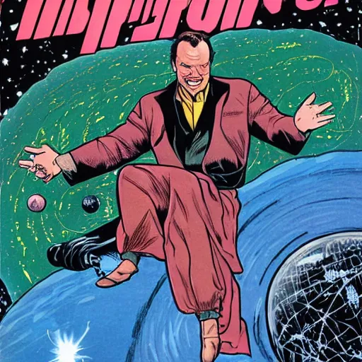 Prompt: a dark horse comic book cover of jack Nicholson hovering in space and holding! Planet! Earth! In his palm!.