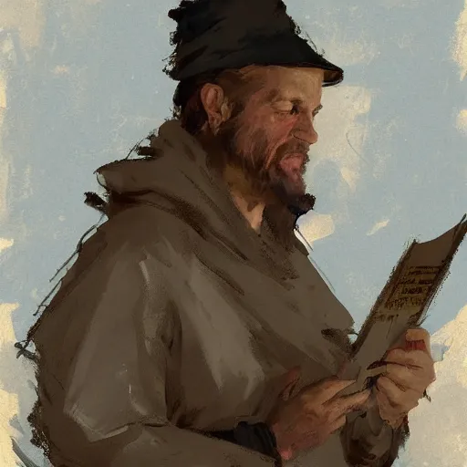 Image similar to portrait of a man wearing medieval clothes reciting poetry, detailed by greg manchess, craig mullins, bernie fuchs, walter everett