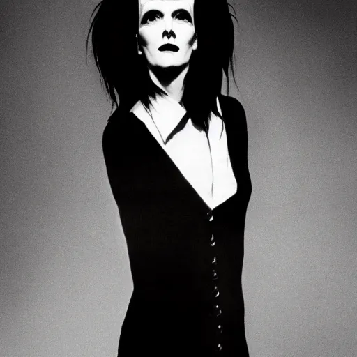 Prompt: A balck and white photgraphic portrait of the character, Desire, a tall, smiling androgyne with black hair and a grey pinstripe suit, studio lighting, medium shot, Life Magazine, 1978, Vertigo Comics, The Sandman written by Neil Gaiman, against a stormy sky