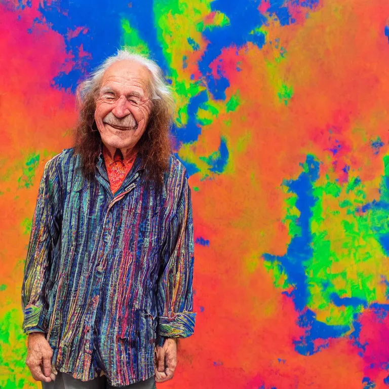 Prompt: colorful portrait photograph of a smiling aging hippy wearing an event horizon for a shirt, intense color photograph by william eggleston, shocking detail realism cosmic trending on artstation 8 k