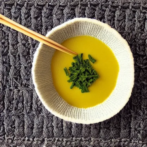 Prompt: A bowl of soup knitted out of yarn