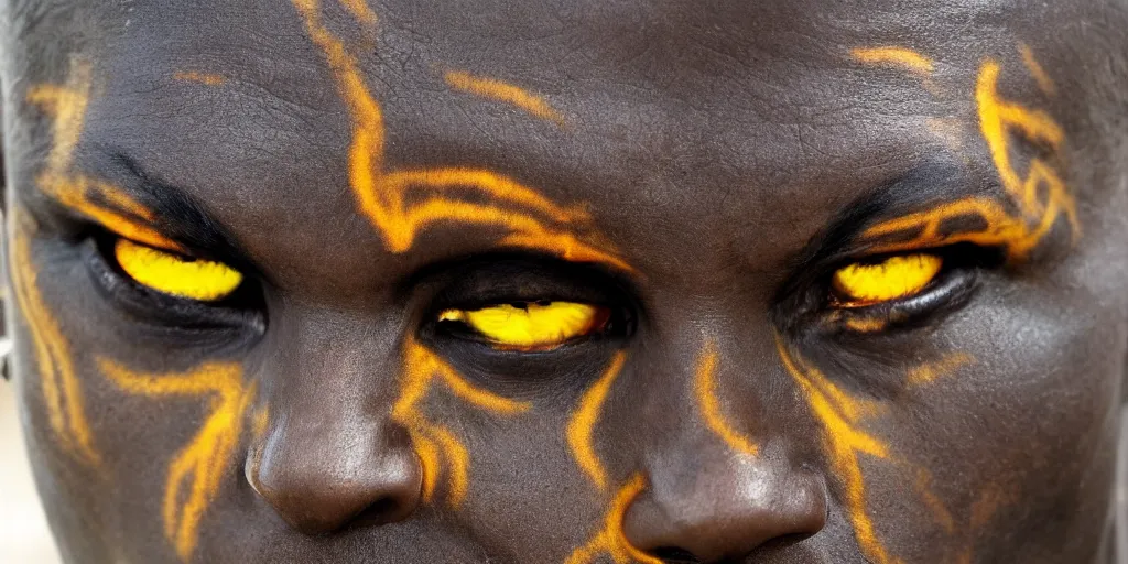 Image similar to vast desert, fierce looking dark - skinned tribal warrior with tiger eyes, close up
