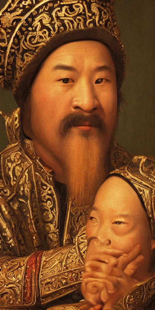 Image similar to Highly detailed and cinematic Renaissance period portrait oil painting Kublai Khan, an oil painting ((masterpiece)) by ((Josep Tapiró Baró)), dynamic lighting, 8K