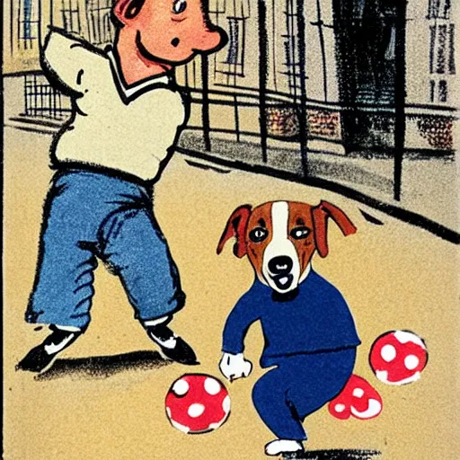 Image similar to book illustration of a french boy on the streets of paris playing football against a corgi, the dog is wearing a polka dot scarf, 1 9 6 6