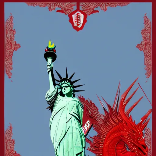 Image similar to Lady Liberty riding the red dragon 龙