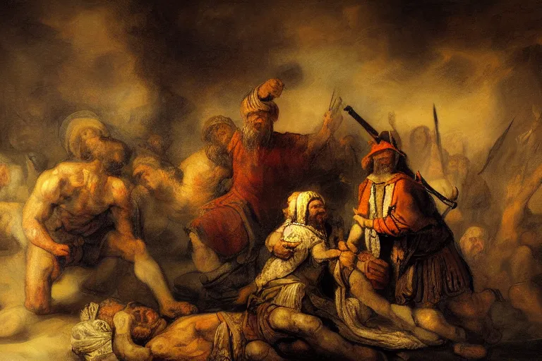 Prompt: holy murder in the style of The Sacrifice of Abraham by Rembrandt, oil painting, masterpiece, old master, grand master, digital painting, concept art, smooth, sharp focus, illustration by William-Adolphe Bouguerea