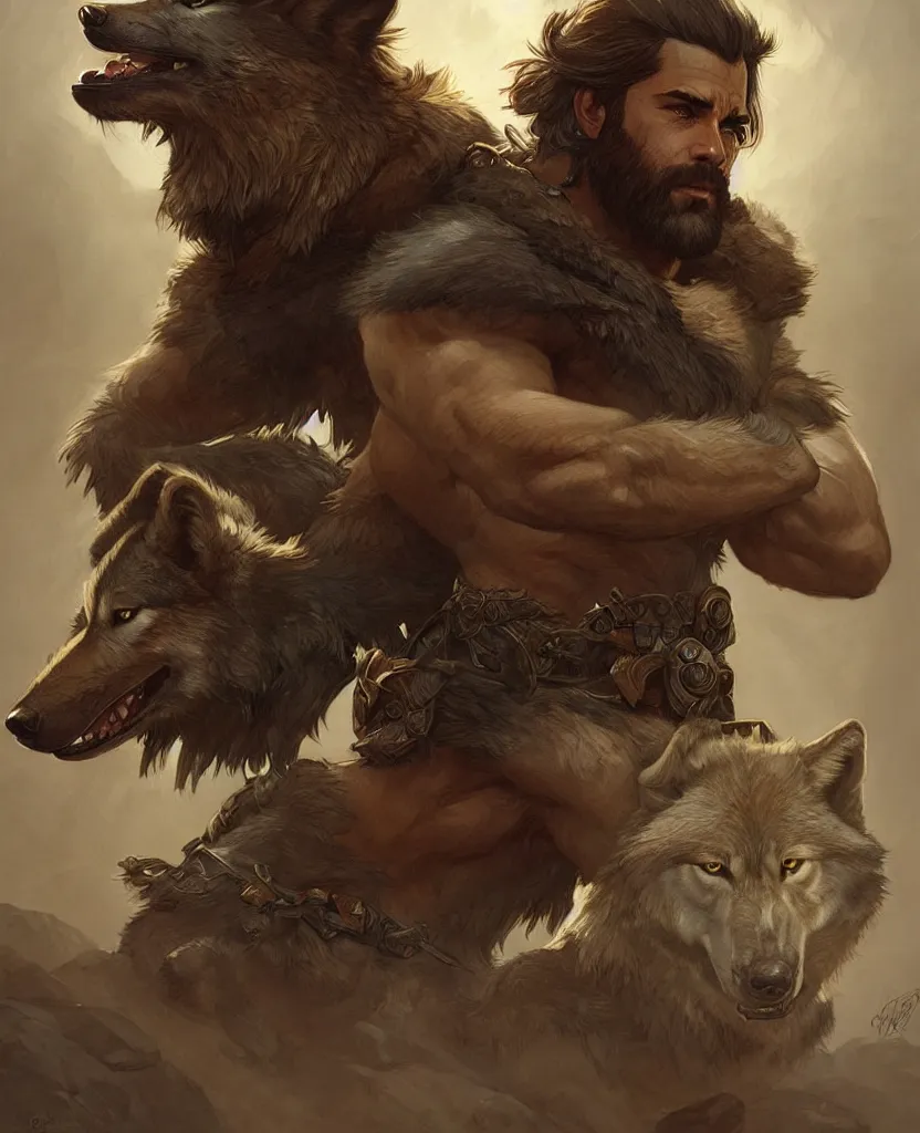 Prompt: portrait of a gruff ranger with wolf companion, muscular, upper body, hairy body, D&D, fantasy, intricate, elegant, highly detailed, digital painting, artstation, concept art, matte, sharp focus, illustration, art by Artgerm and Greg Rutkowski and Alphonse Mucha