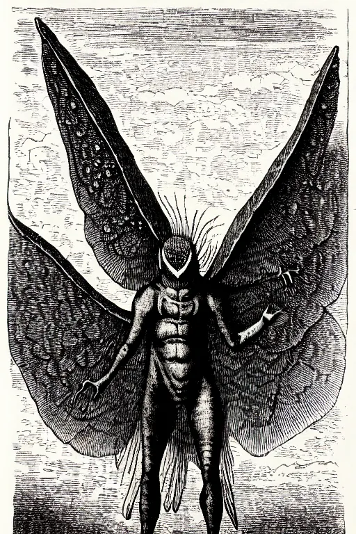 Image similar to mothman, as a demon from the dictionarre infernal, pen - and - ink illustration, etching by louis le breton, 1 8 6 9, 1 2 0 0 dpi scan, ultrasharp detail, hq scan, intricate details, stylized border