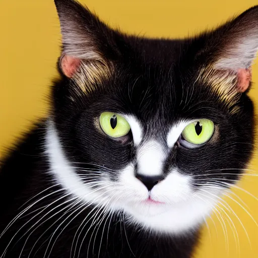 Prompt: yellow background, black kitty with black eyes portrait