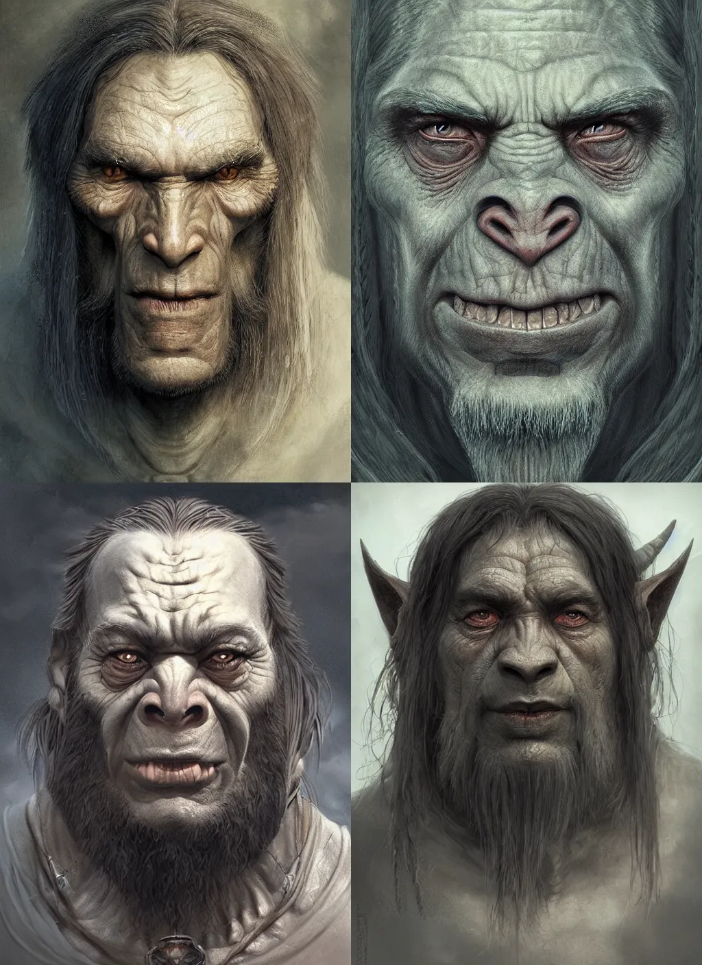 Image similar to portrait of a gentle and wise orc with long hairs in alan lee and marc simonetti and emil melmoth style , cinematic lighting