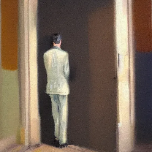 Prompt: impressionist painting of an anonymous man in a suit, standing in a doorway, artstation