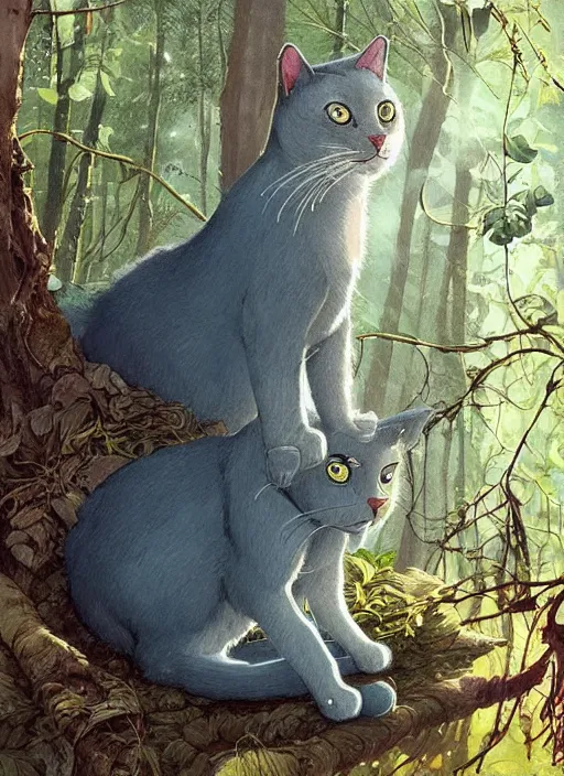 Image similar to a cat with happy lighting and technology jewelry in the woods gorgeous lighting, sunbeams blue sky, lush forest foliage painting by chiara bautista and beksinski and norman rockwell and greg rutkowski weta studio, and lucasfilm