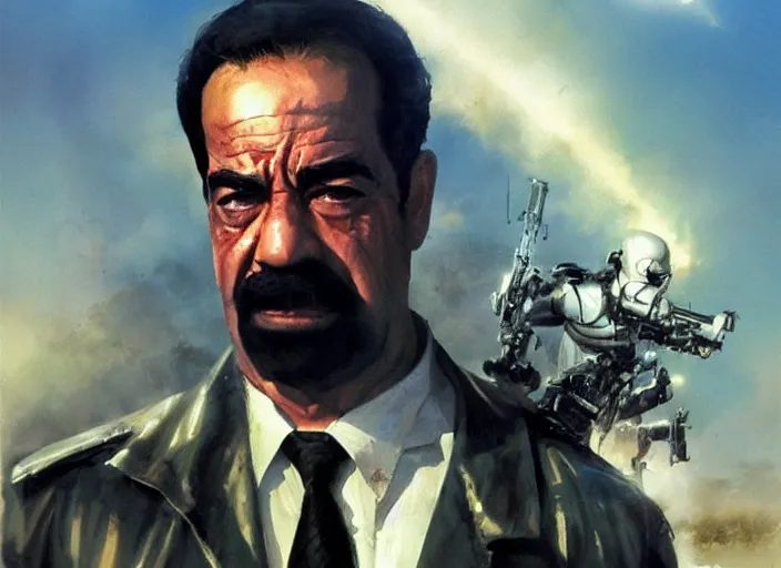 Image similar to saddam hussein as t - 8 0 0 terminator, art by greg rutkowski,