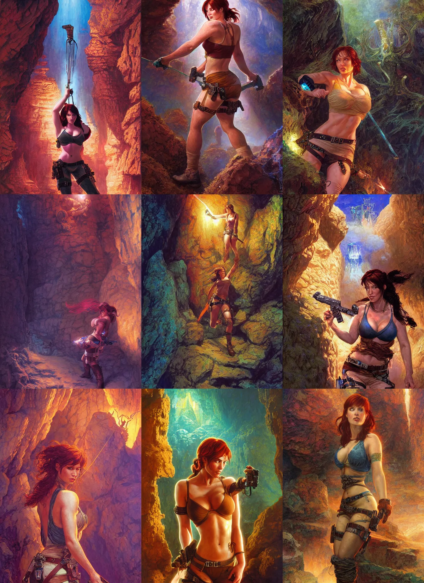 Prompt: close portrait christina hendricks of as a muscled tomb raider picking up a bright gemstone, bright colors, biotechnology, cave glowing stones, epic composition, donato giancola, tim hildebrandt, wayne barlow, bruce pennington, larry elmore