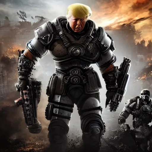 Image similar to Photo portrait of Donald Trump as Crusader!! in Gears of War, splash art, movie still, detailed face, photorealistic facial features, cinematic lighting, dramatic, octane render, long lens, shallow depth of field, bokeh, anamorphic lens flare, 8k, hyper detailed, 35mm film grain