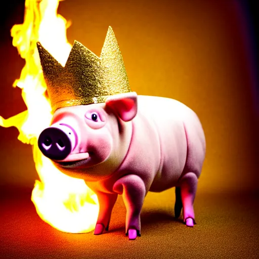 Prompt: !dream studio photograph of a pig wearing a gold crown depicted as a muppet running on fire