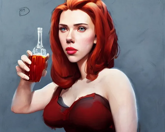 Image similar to portrait of scarlett johansson drinking cola in team fortress 2 style, detailed face, dark fantasy art, fantasy, pretty, hd shot, digital portrait, beautiful, artstation, comic style, by artgerm, guy denning, jakub rozalski, magali villeneuve, neoartcore and charlie bowater