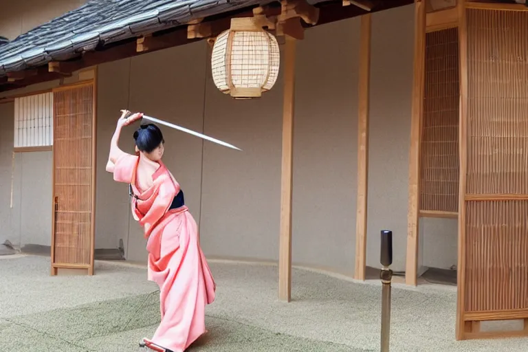 Image similar to beautiful photo of a young modern geisha samurai practising the sword in a traditional japanese temple, mid action swing, symmetrical face, beautiful eyes, huge oversized sword, award winning photo, muted pastels, action photography, 1 / 1 2 5 shutter speed, dramatic lighting, anime set style