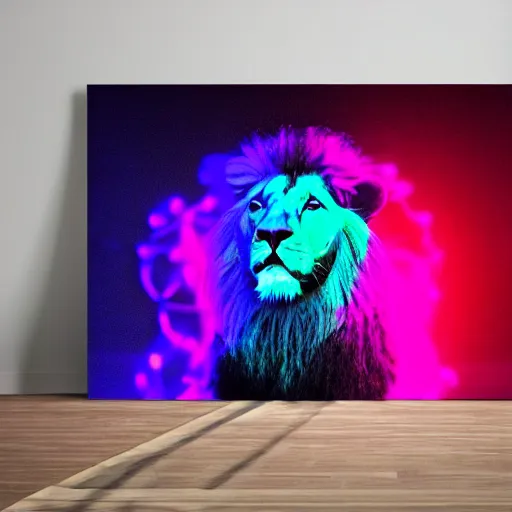 Image similar to black canvas, lion, neon lights, strawberry, dj, volumetric lighting