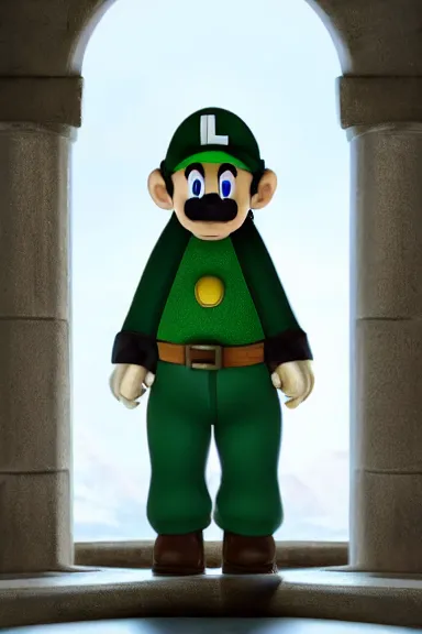 Image similar to very very intricate photorealistic photo of a realistic human version of luigi wearing his hat in an episode of game of thrones, photo is in focus with detailed atmospheric lighting, award - winning details