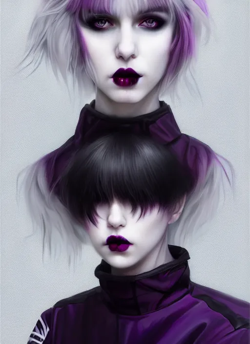 Image similar to portrait of white teenage girl, normal face, white bangs, mall goth, cyberlox, black and white hair, bangs, fluffy bangs, red contact lenses, purple lipstick, intricate, elegant, highly detailed, digital painting, artstation, concept art, sharp focus, smooth, illustration, art by wlop, mars ravelo and greg rutkowski