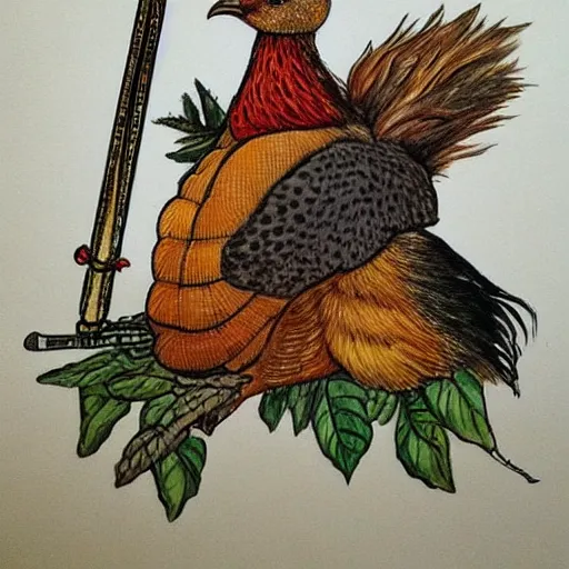 Image similar to pheasant holding a sword, by lily seika jones Instagram, rivuletpaper art,