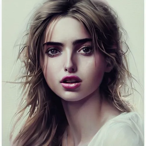 Prompt: portrait of beautiful happy young ana de armas wearing a beautiful silky white dress, painted by greg rutkowski, stanley artgerm, igor kieryluk, coherent, hyper realistic