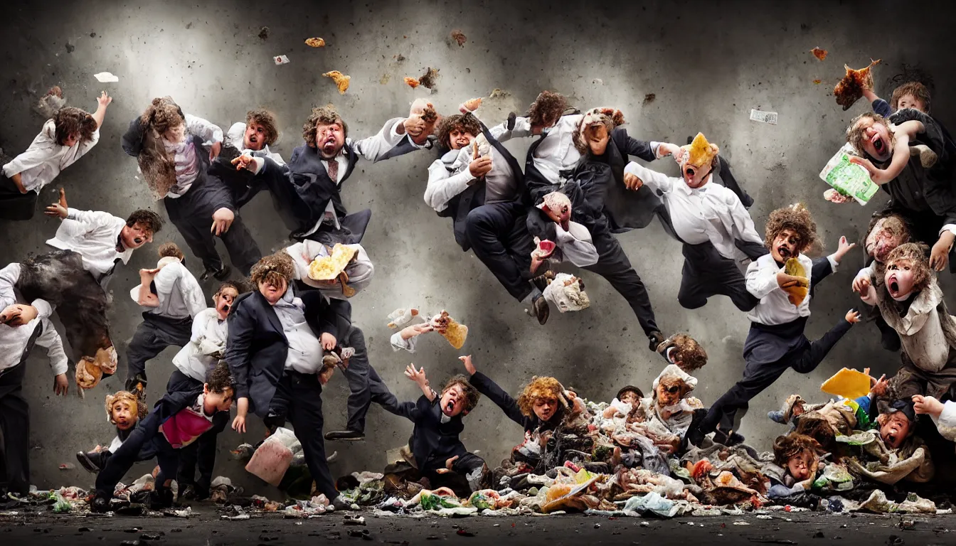 Prompt: disheveled children in rags and obese men in suits fighting in a squalid subway over piles half eaten fast food money floating in the air, hyper realistic photo, full colour, upscale, 8 k, masterpiece,