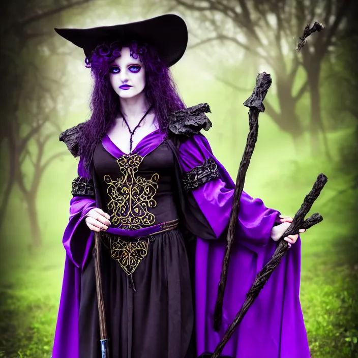 Prompt: professional photograph of a real - life beautiful elemental darkness witch with ornate purple and black robes and staff. extremely detailed. 8 k