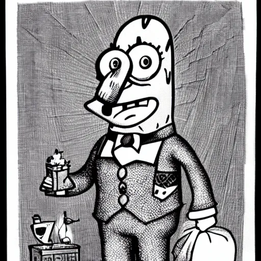 Prompt: etching of spongebob as a very rich aristocrat