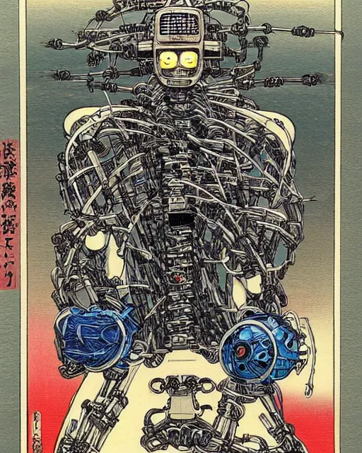 Image similar to Hiroshige portrait of a robot saint made of cables and robotic pod by Marc Silvestri