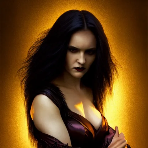 Prompt: majestic gracious regal aristocratic female raven haired vampire portrait, atmospheric lighting, painted, curvy, voluptuous, menacing, intricate, volumetric lighting, beautiful, rich deep colours masterpiece, golden hour, sharp focus, ultra detailed, by leesha hannigan, ross tran, thierry doizon, kai carpenter, ignacio fernandez rios