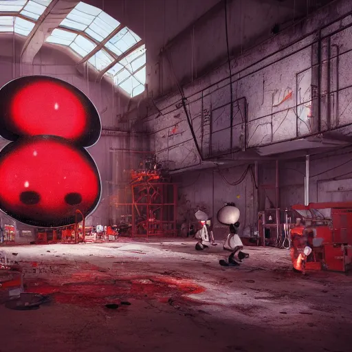 Image similar to a giant mickey mouse head, factory floor, surrounded by factory workers, octane render, cgstation, 3 d render, very detailed, mindblowing, blood and guts, gritty, cyberpunk, cinematic lighting, hyper realism