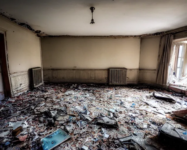 Image similar to Award winning photo of a living room of a flat abandoned 4 days ago, urban exploring, 4k, high quality