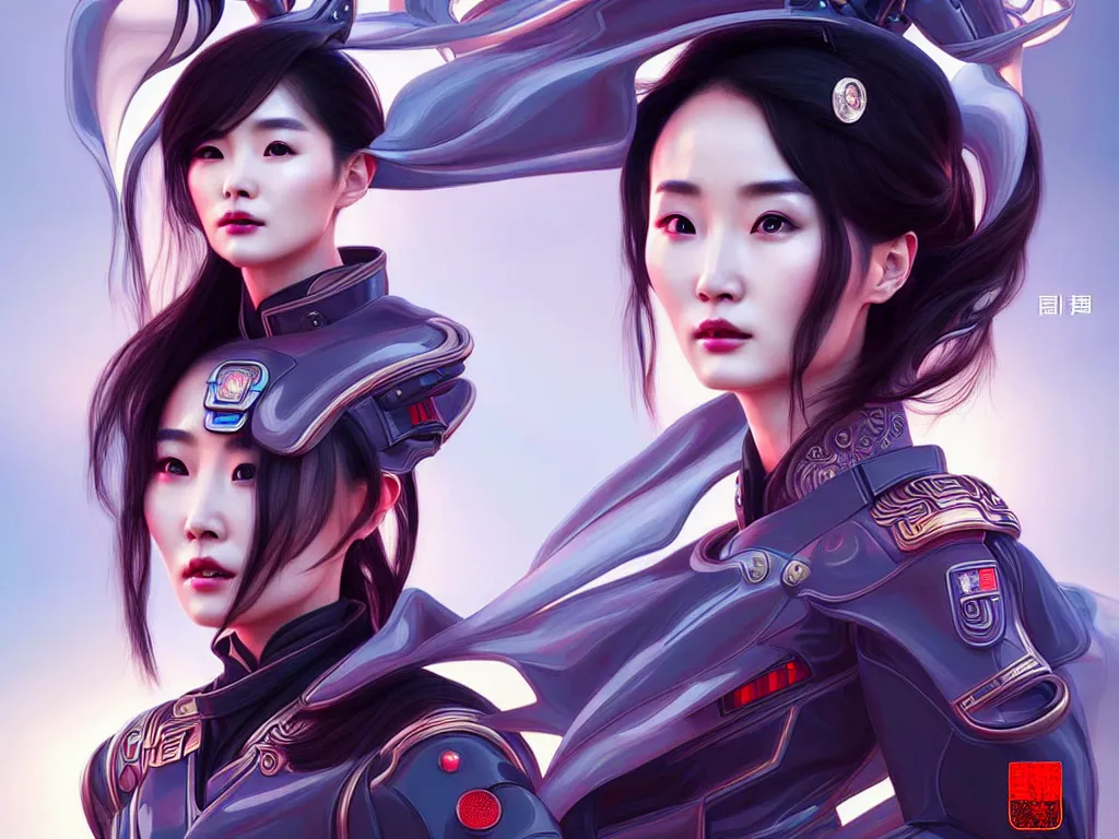 Prompt: portrait yang mi, futuristic china police uniform female, at future neon light rooftop, ssci - fi and fantasy, intricate and very very beautiful and elegant, highly detailed, digital painting, artstation, concept art, smooth and sharp focus, illustration, art by tan zi and ayanamikodon and alphonse mucha and wlop