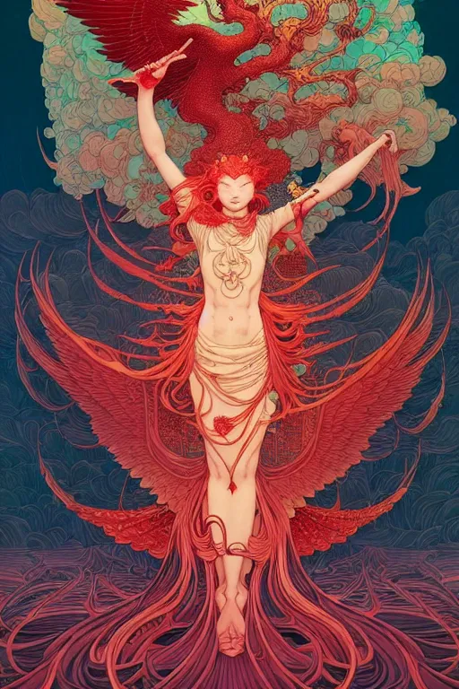 Image similar to a beautiful hyperdetailed character design 4 k wallpaper illustration of a huge reddish phoenix by victo ngai and mucha, denoise, deblurring, artgerm, xision, james jean, ross tran, chinese style