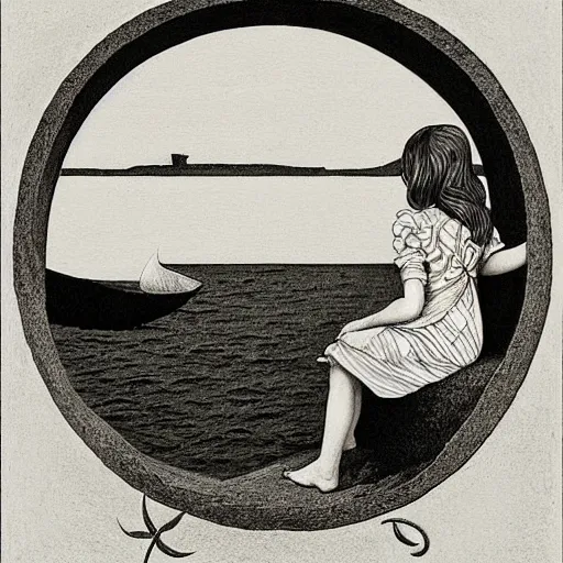 Image similar to a girl by the sea by escher