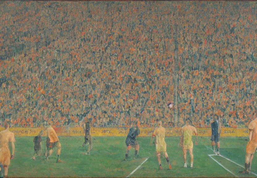 Image similar to spectators watching a football match + oil painting in the style of alberto giacometti and agostino arrivabene + two point perspective + bird's eye view + golden ratio composition