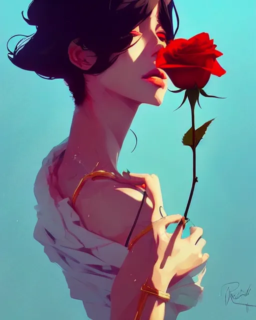 Image similar to a ultradetailed beautiful panting of a stylish woman holding a rose, by conrad roset, greg rutkowski and makoto shinkai, trending on artstation