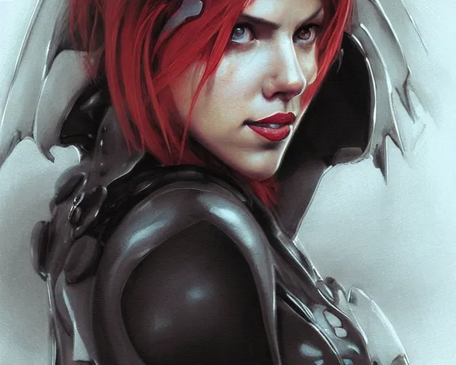 Prompt: portrait of scarlett johansson as street fighter character, detailed face, dark fantasy art, fantasy, pretty, hd shot, digital portrait, beautiful, artstation, comic style, by artgerm, guy denning, jakub rozalski, magali villeneuve, neoartcore and charlie bowater