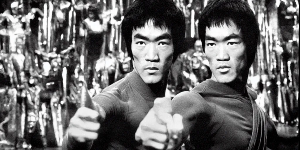 Image similar to bruce lee holding his nunchucks in a hall of mirrors, hyperreal, in the style of enter the dragon