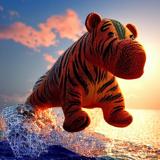 Image similar to a closeup photorealistic photograph of a cute smiling knitted tiger hippopotamus chasing a beachball at sunset. surf in the background. professional capture. this 4 k hd image is trending on artstation, featured on behance, well - rendered, extra crisp, features intricate detail, epic composition and the style of unreal engine.