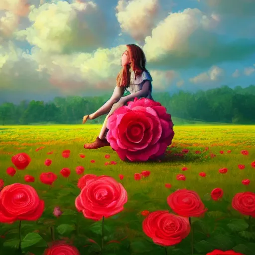 Image similar to giant rose flower head, full body girl sitting in a flower field, surreal photography, sunrise, dramatic light, impressionist painting, colorful clouds, digital painting, artstation, simon stalenhag