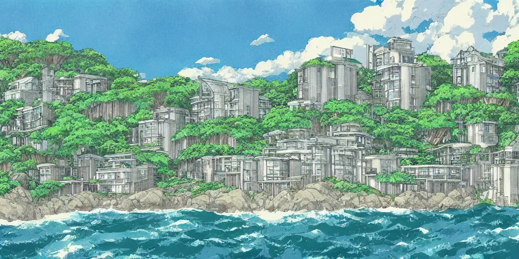 Prompt: A college with buildings designed like Sea Ranch built on a low cliff above the ocean, art by Hayao Miyazaki, art by Studio Ghibli, anime style