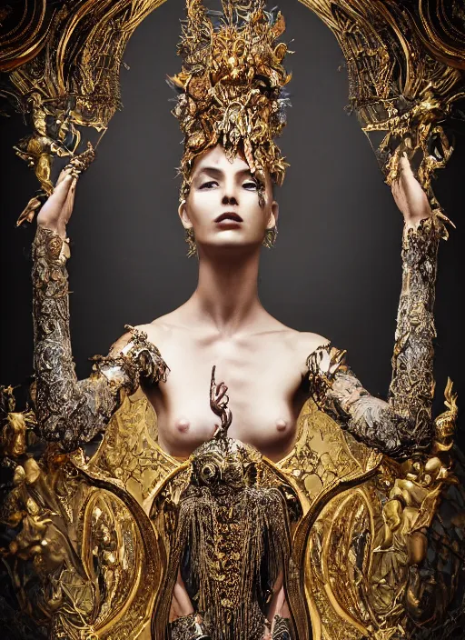 Image similar to a portrait of female model by stefan geselle and nekro borja, photorealistic, intricate details, hyper realistic, fantasy, elegant, ornate metal gold headpiece, photorealistic, canon r 3, photography, wide shot, symmetrical features, wide angle shot, whole body, full body shot, standing pose, feet on the ground, studio background