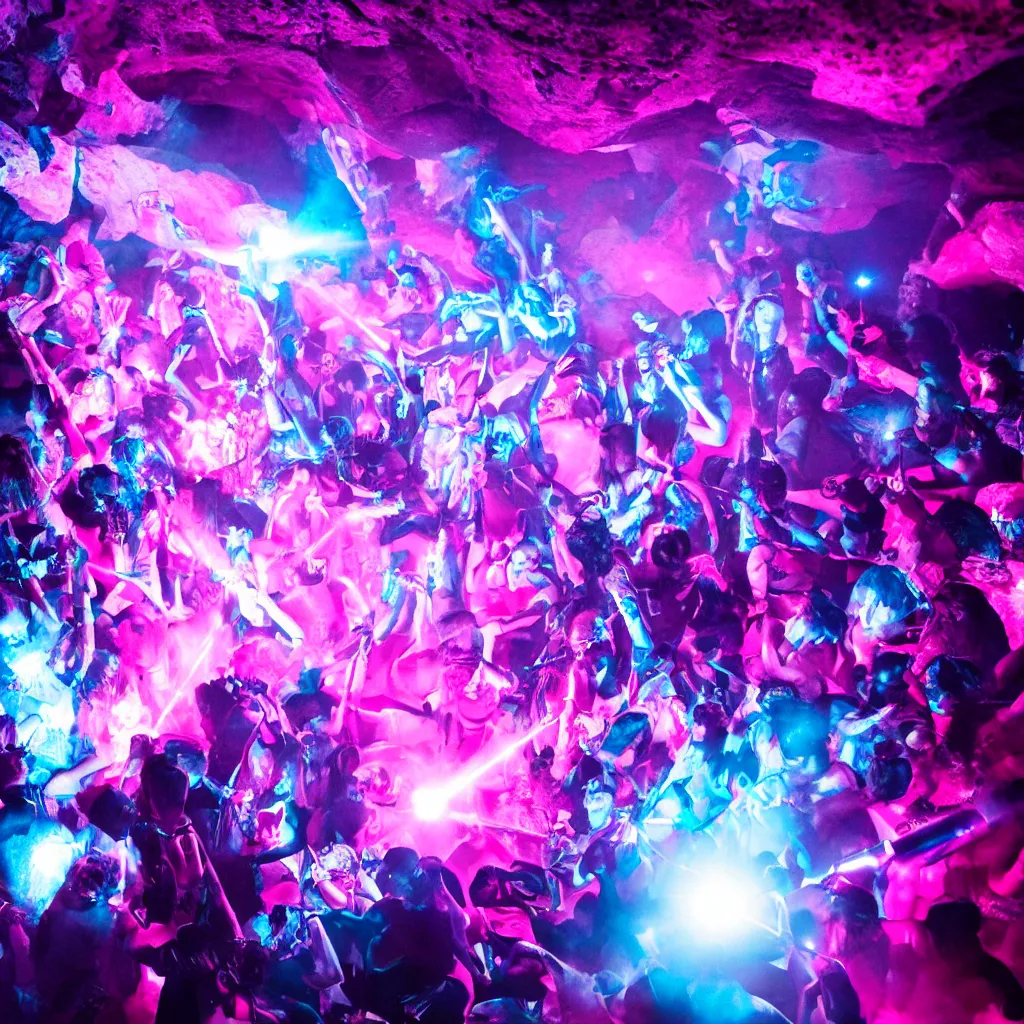 Image similar to cinematic shot of a goth disco in a cave, brutal weapons made of pink lasers and blue crystals forming a sphere, 8k photograph