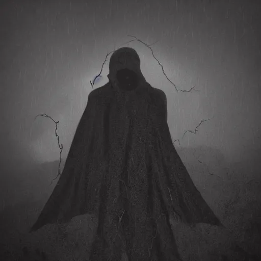 Prompt: dark figure with tattered cloak with skull instead of head on a mountain in gloomy fog, atmospheric lightning