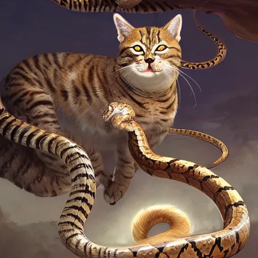 Image similar to digital painting of elegant but deadly feline cat with snake features hybrid, giant sepent furry cat chimera by Greg Rutkowski, magic the gathering concept art, trending on artstation, 4k resolution, ((in a super market Costco))